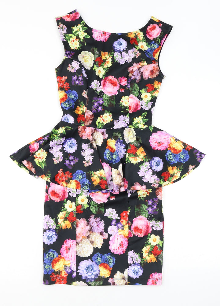 Topshop Womens Black Floral Polyester Bodycon Size 8 Round Neck Zip - Peplum