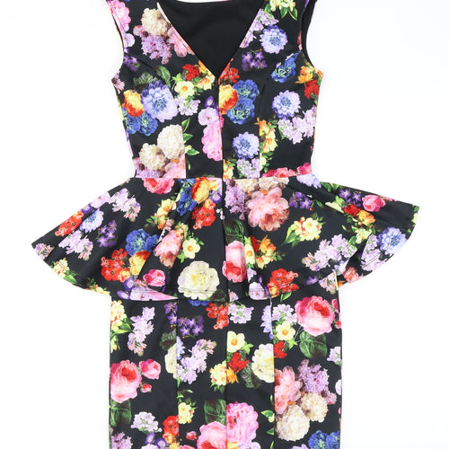 Topshop Womens Black Floral Polyester Bodycon Size 8 Round Neck Zip - Peplum