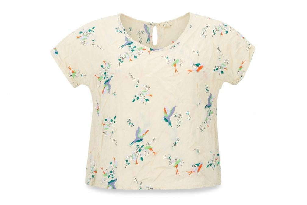 Front view of Bellerose women’s beige geometric polyester basic blouse, size UK 14, round neck - birds flower pattern