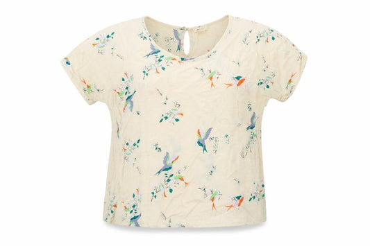 Front view of Bellerose women’s beige geometric polyester basic blouse, size UK 14, round neck - birds flower pattern
