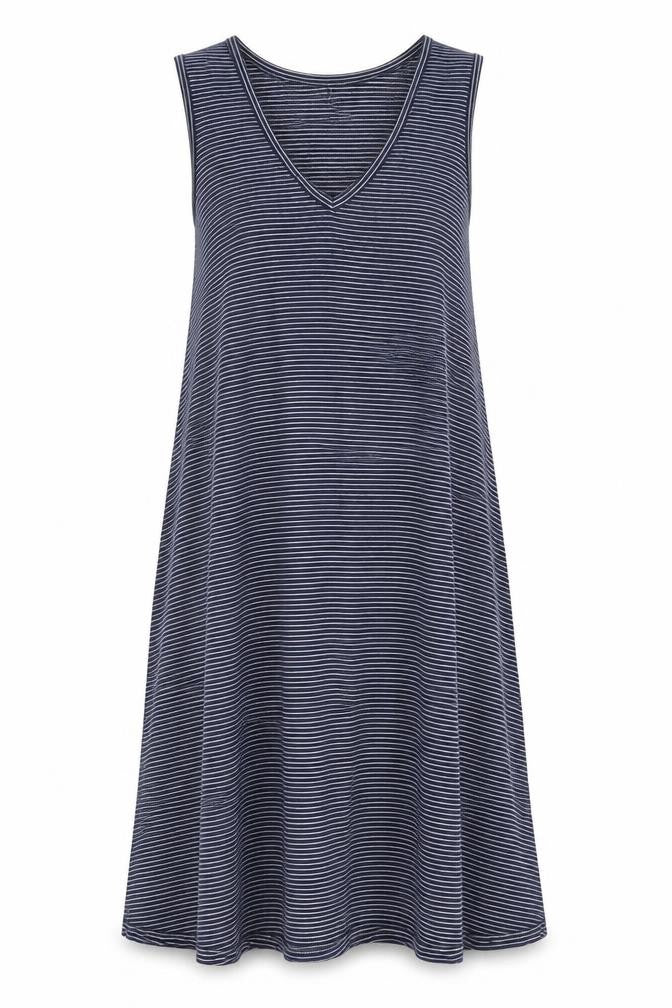Front view of Gap women’s blue striped rayon tank dress, size S, v-neck pullover