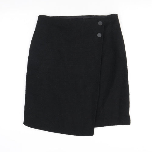 Marks and Spencer Womens Black Geometric Polyester A-Line Skirt Size 10 Zip - Buttons