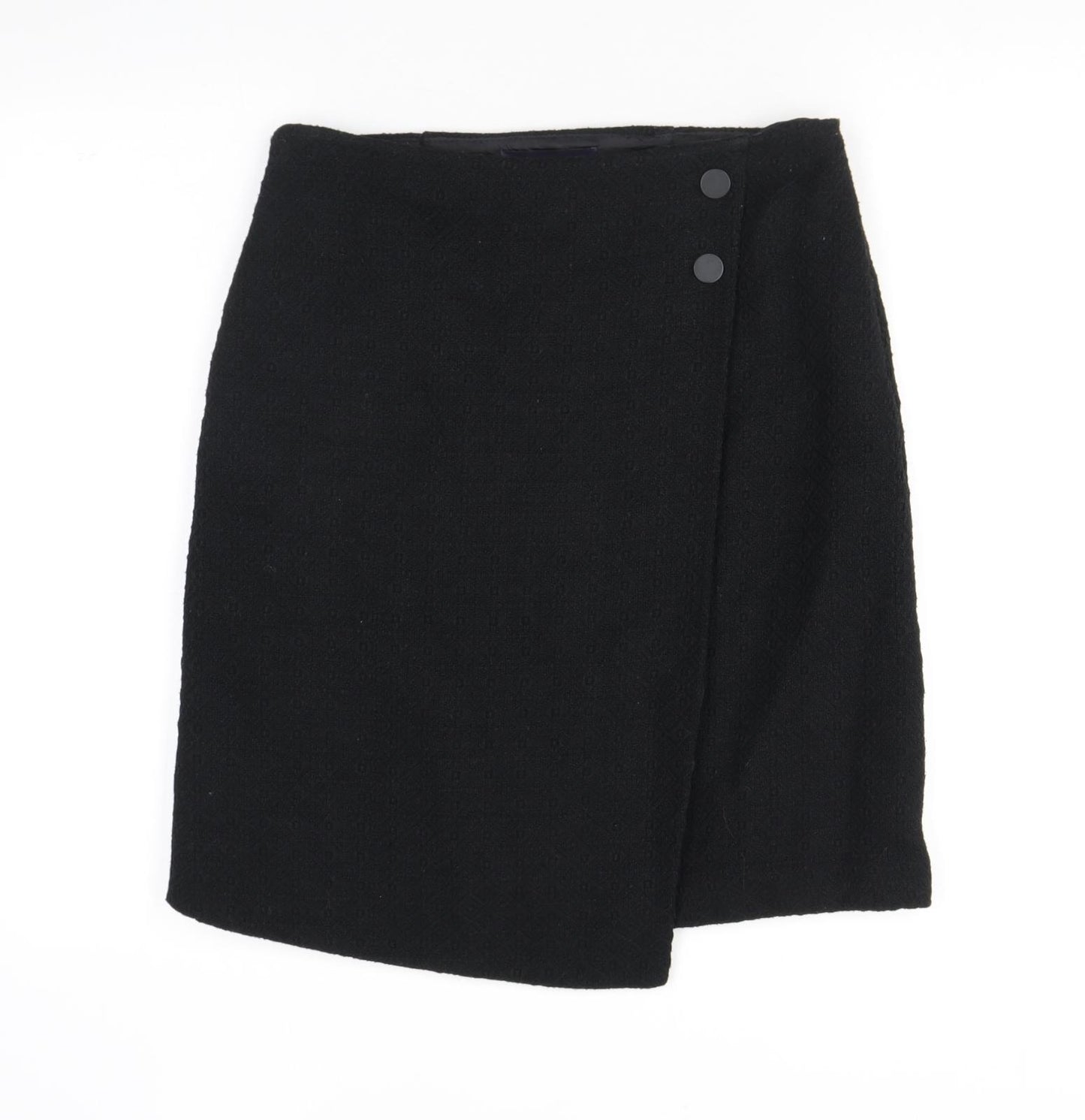 Marks and Spencer Womens Black Geometric Polyester A-Line Skirt Size 10 Zip - Buttons