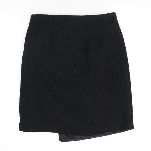 Marks and Spencer Womens Black Geometric Polyester A-Line Skirt Size 10 Zip - Buttons