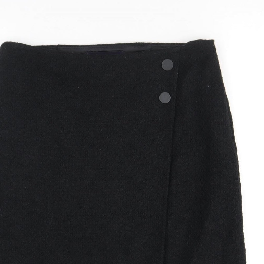 Marks and Spencer Womens Black Geometric Polyester A-Line Skirt Size 10 Zip - Buttons