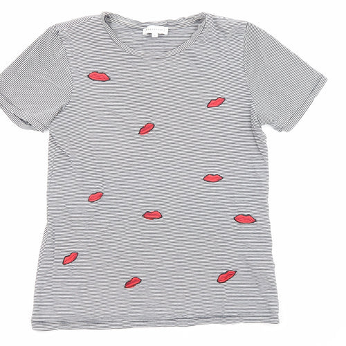 Warehouse Womens Black Striped Cotton Jersey T-Shirt Size 8 Round Neck - Lips