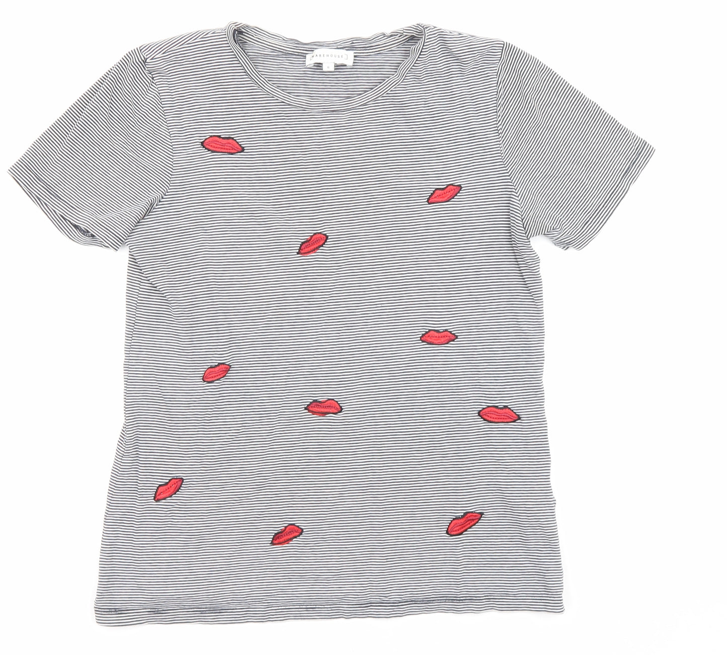 Warehouse Womens Black Striped Cotton Jersey T-Shirt Size 8 Round Neck - Lips
