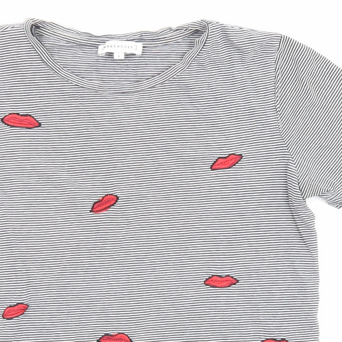 Warehouse Womens Black Striped Cotton Jersey T-Shirt Size 8 Round Neck - Lips