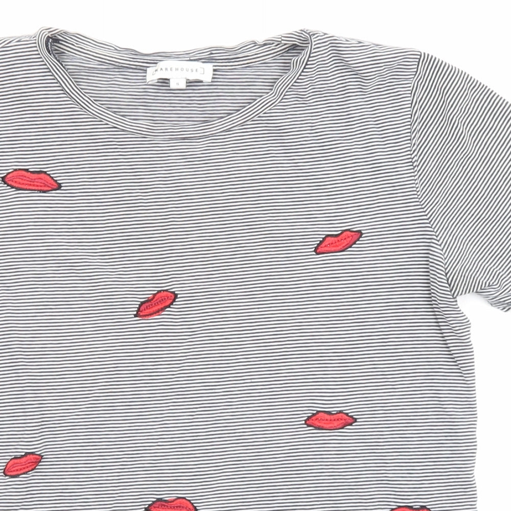 Warehouse Womens Black Striped Cotton Jersey T-Shirt Size 8 Round Neck - Lips