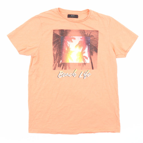 ACW85 Mens Orange Cotton T-Shirt Size M Round Neck - Beach Life, Palm Trees