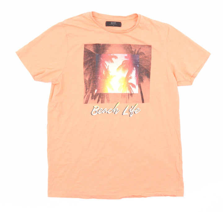 ACW85 Mens Orange Cotton T-Shirt Size M Round Neck - Beach Life, Palm Trees