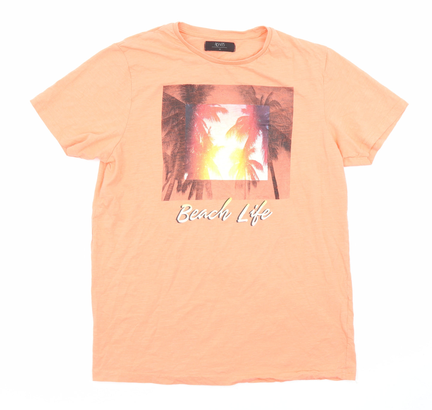 ACW85 Mens Orange Cotton T-Shirt Size M Round Neck - Beach Life, Palm Trees