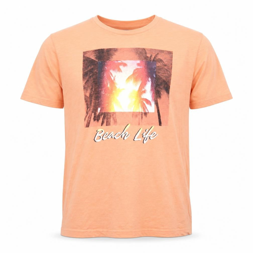 ACW85 Mens Orange Cotton T-Shirt Size M Round Neck - Beach Life, Palm Trees