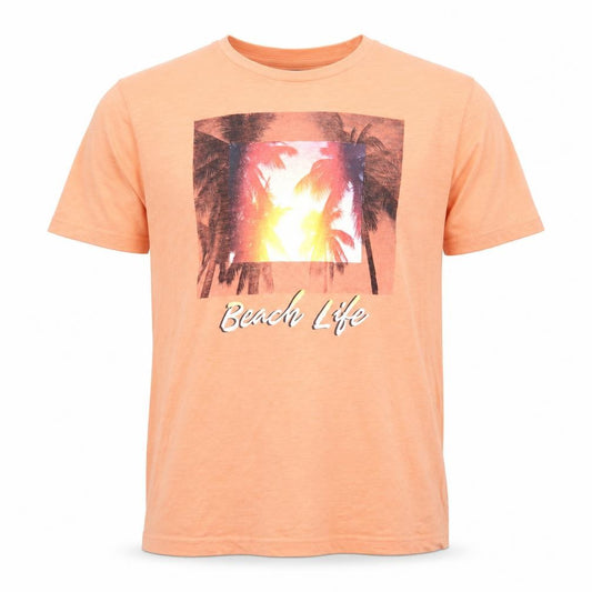 Front view of ACW85 men’s orange cotton t-shirt, size M, round neck - beach life, palm trees