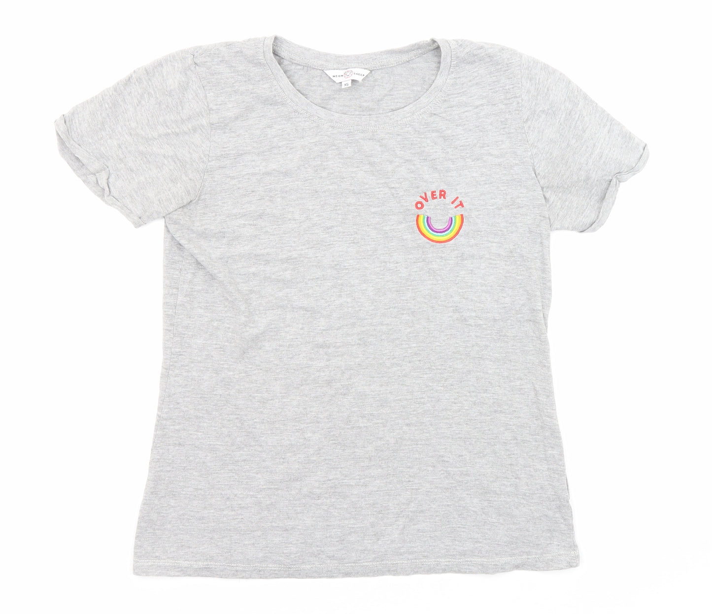 Neon Sheep Womens Green Cotton Jersey T-Shirt Size XS Round Neck - Rainbow Embroidery, Over It