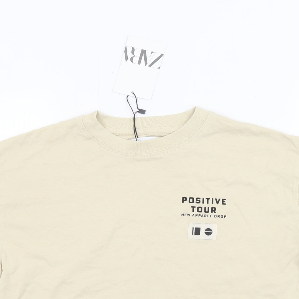 Zara Boys Beige Cotton Basic T-Shirt Size 8-9 Years Round Neck Pullover - Positive Tour