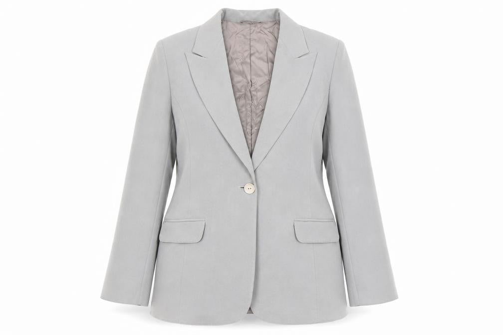 Front view of Country Casuals women’s grey polyester jacket suit jacket, size UK 12