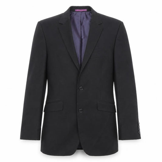 Front view of Burton men’s black polyester jacket suit jacket, size 38, regular