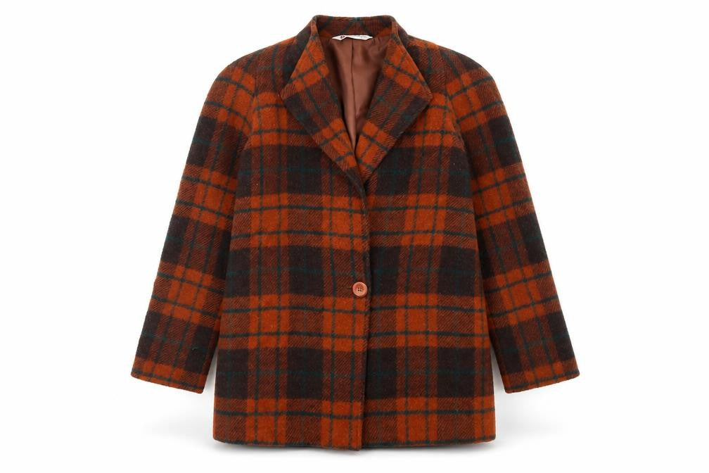 Front view of Yves Daincourt women’s multicoloured plaid overcoat coat, size UK 10, button
