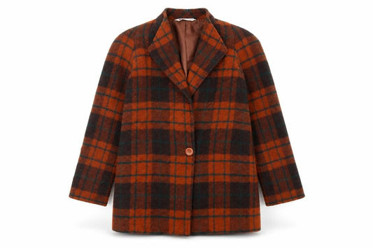 Front view of Yves Daincourt women’s multicoloured plaid overcoat coat, size UK 10, button