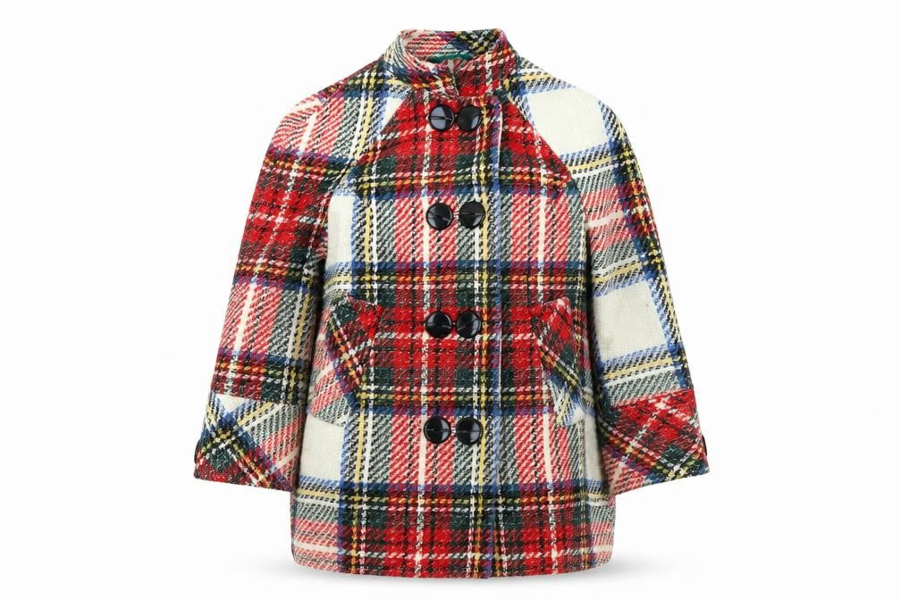 Front view of River Island women’s multicoloured plaid overcoat coat, size UK 6, button