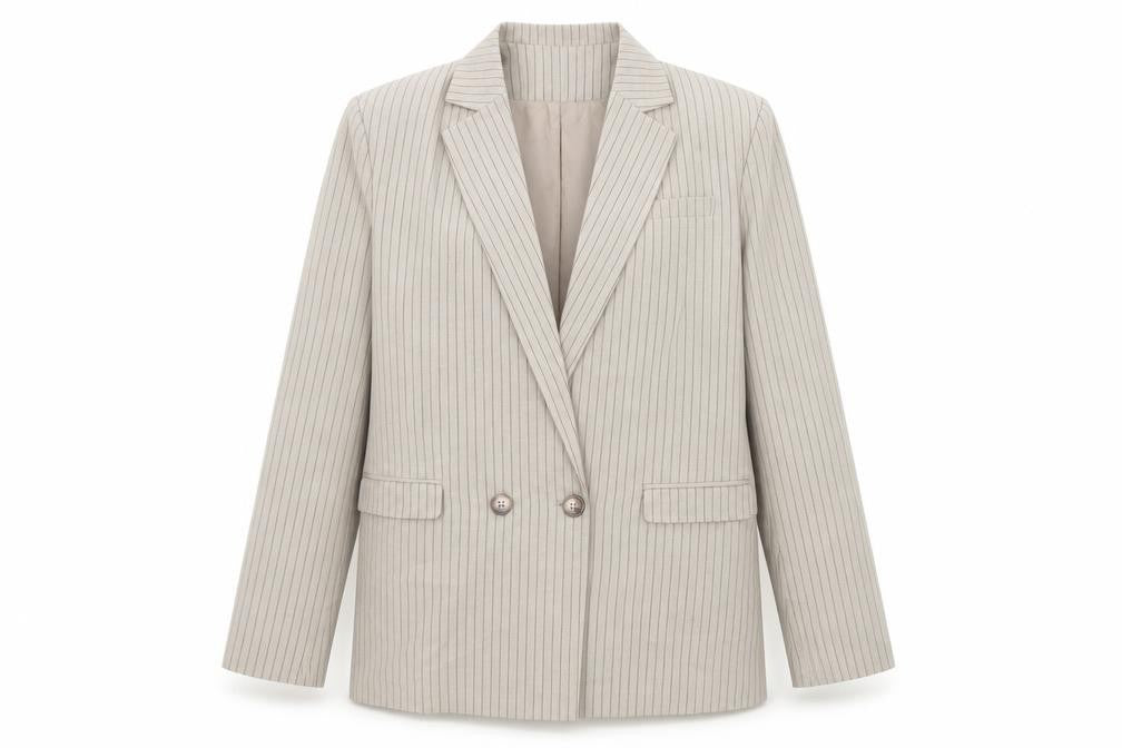 Front view of Boohoo women’s beige striped polyester jacket suit jacket, size UK 10