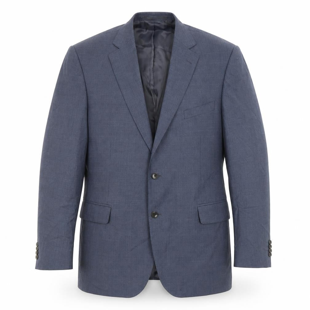 Front view of Marks & Spencer men’s blue plaid wool jacket suit jacket, size 44, regular