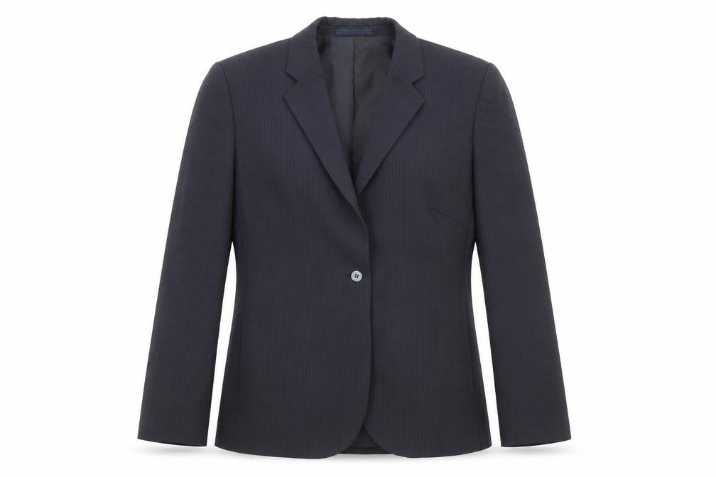 Front view of Next women’s black striped wool jacket blazer, size UK 12
