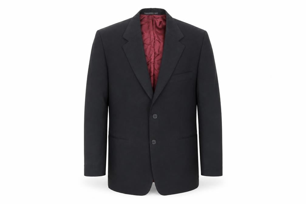 Front view of James Aubrey men’s black polyester jacket suit jacket, size 44, regular