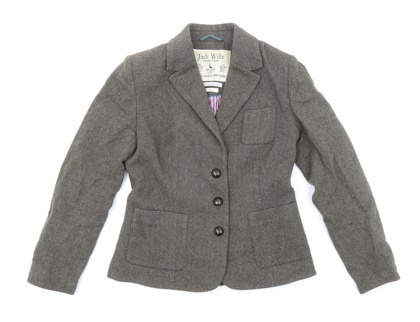 Jack Wills Womens Green Herringbone Wool Jacket Suit Jacket Size 8