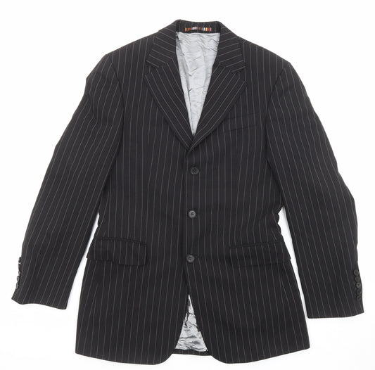 Front view of River Island men’s black striped polyester jacket suit jacket, size 36, regular