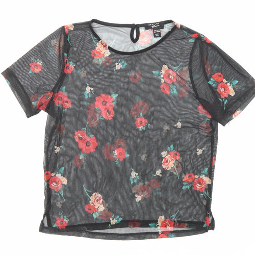 New Look Girls Black Polyester Basic T-Shirt Size 12-13 Years Boat Neck Button - Flowers