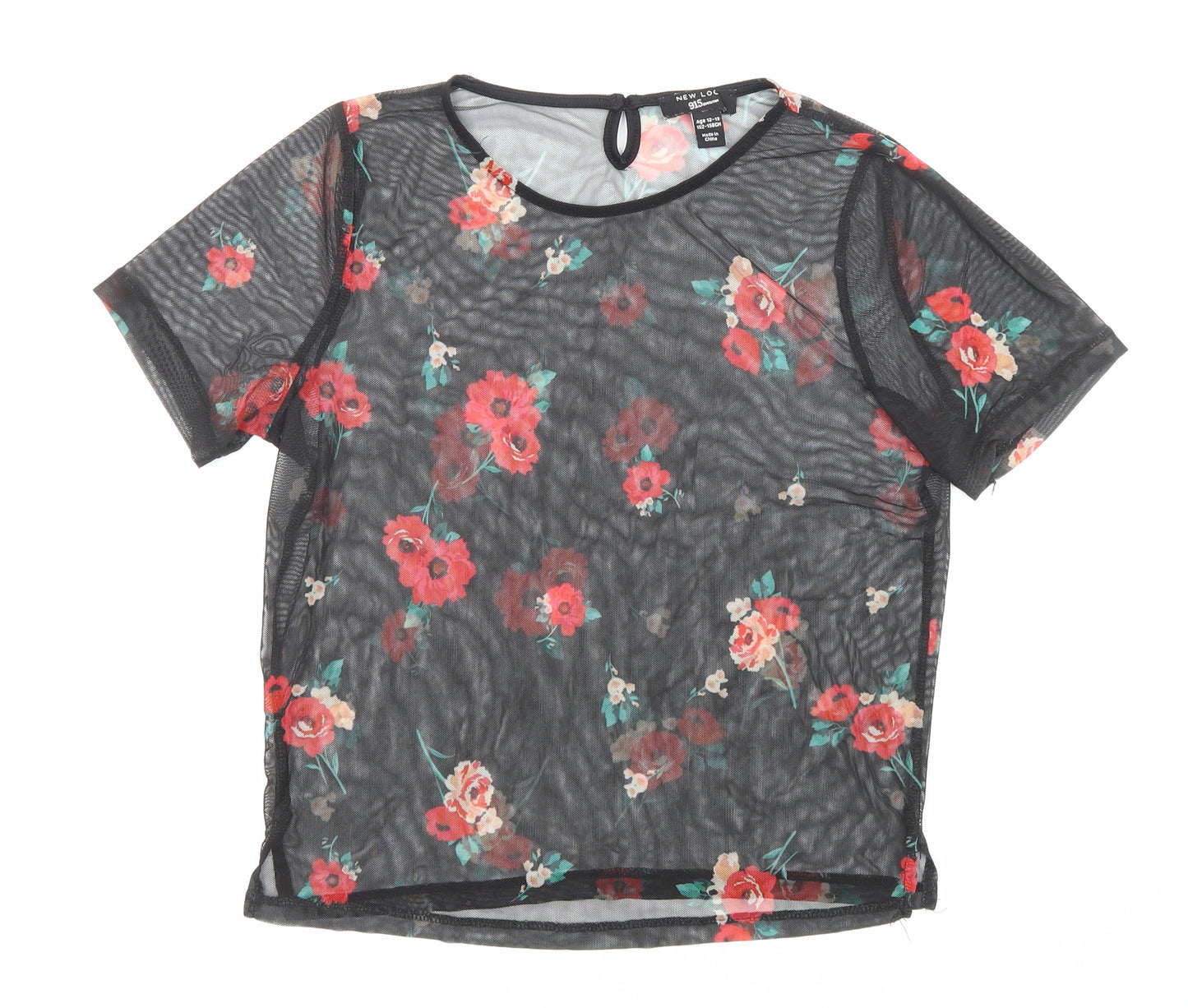 New Look Girls Black Polyester Basic T-Shirt Size 12-13 Years Boat Neck Button - Flowers