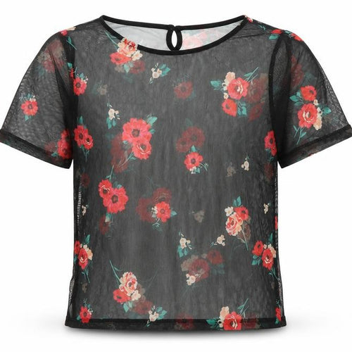 New Look Girls Black Polyester Basic T-Shirt Size 12-13 Years Boat Neck Button - Flowers