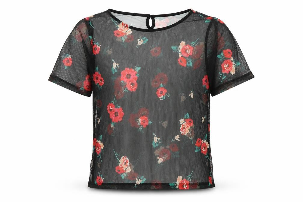 New Look Girls Black Polyester Basic T-Shirt Size 12-13 Years Boat Neck Button - Flowers