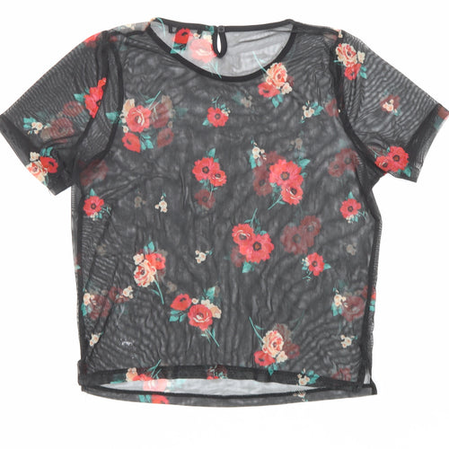 New Look Girls Black Polyester Basic T-Shirt Size 12-13 Years Boat Neck Button - Flowers