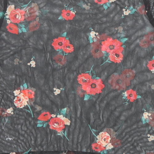 New Look Girls Black Polyester Basic T-Shirt Size 12-13 Years Boat Neck Button - Flowers