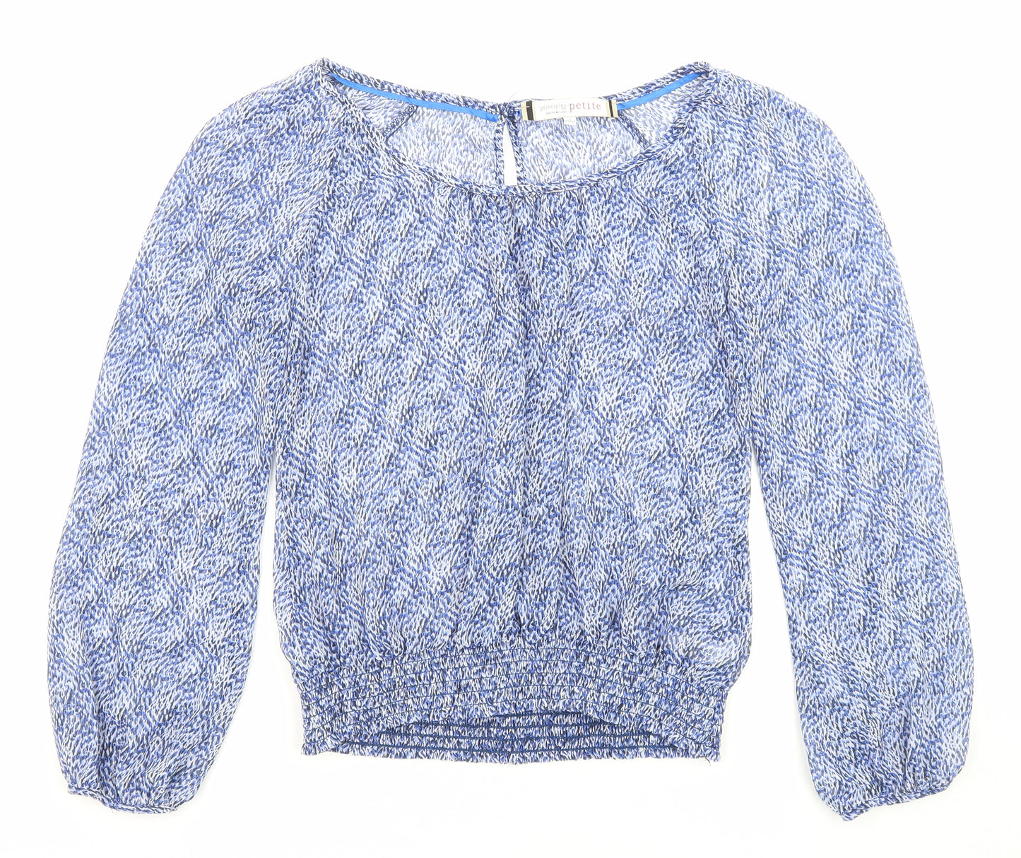 Principles Womens Blue Geometric Polyester Basic Blouse Size 8 Crew Neck - Elastic Waist