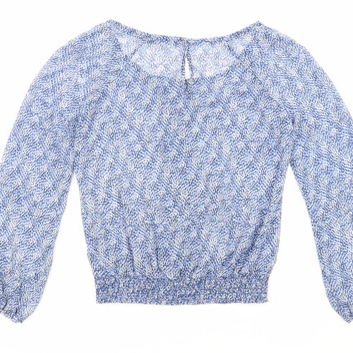 Principles Womens Blue Geometric Polyester Basic Blouse Size 8 Crew Neck - Elastic Waist