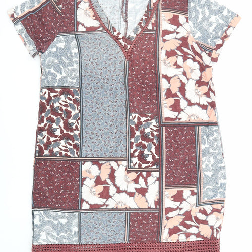 NEXT Womens Multicoloured Floral Linen T-Shirt Dress Size 16 V-Neck Button