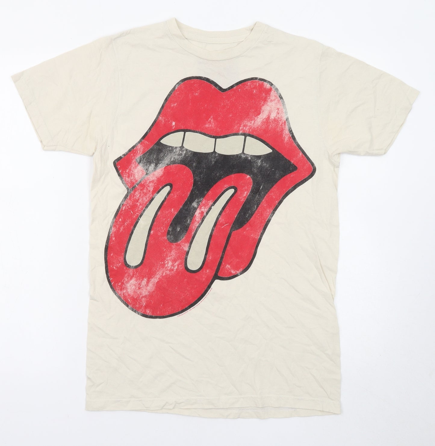 Rolling Stones Womens Beige Polyester Basic T-Shirt Size 12 Round Neck - Lips, Tongue, Rolling Stones