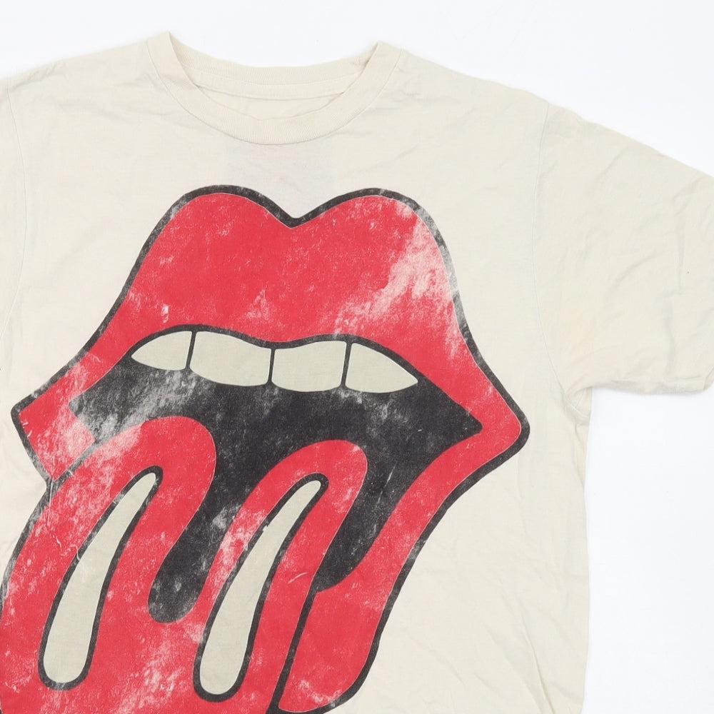 Rolling Stones Womens Beige Polyester Basic T-Shirt Size 12 Round Neck - Lips, Tongue, Rolling Stones