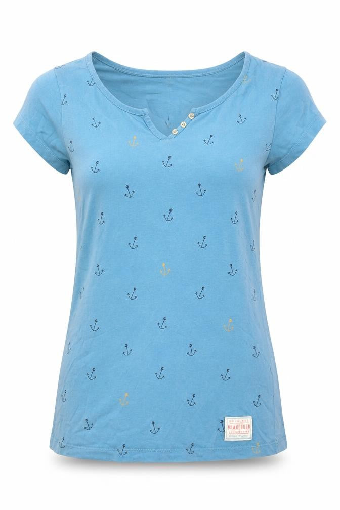 Front view of Brakeburn women’s blue cotton basic t-shirt, size UK 8, henley - anchors