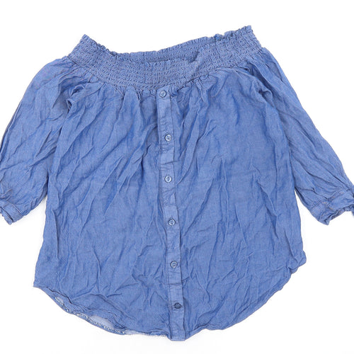 Miss Selfridge Womens Blue Viscose Basic Button-Up Size 8 Off the Shoulder - Tie sleeves