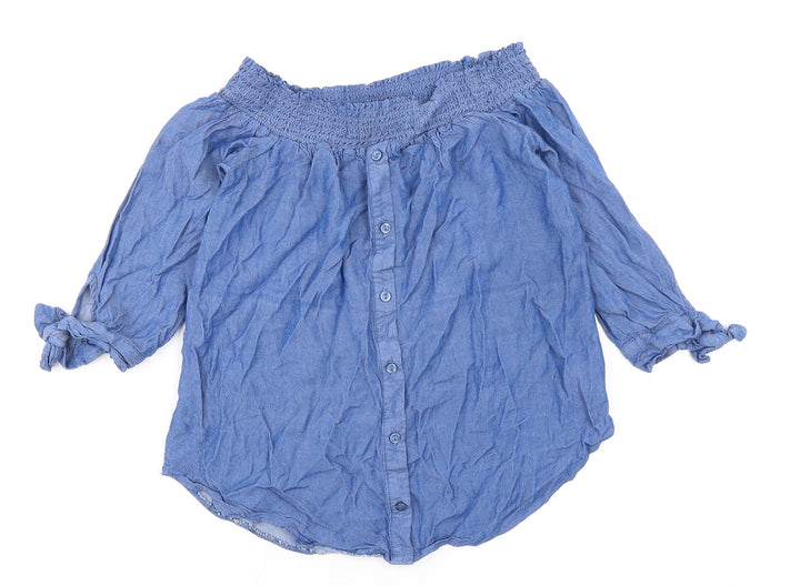 Miss Selfridge Womens Blue Viscose Basic Button-Up Size 8 Off the Shoulder - Tie sleeves
