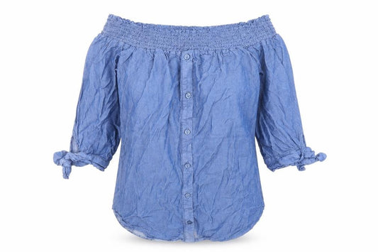 Front view of Miss Selfridge women’s blue viscose basic button-up, size UK 8, off the shoulder - tie sleeves