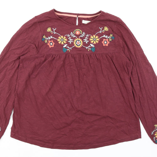 Brakeburn Womens Purple Floral 100% Cotton Jersey Blouse Size 16 Round Neck - Floral Embroidery
