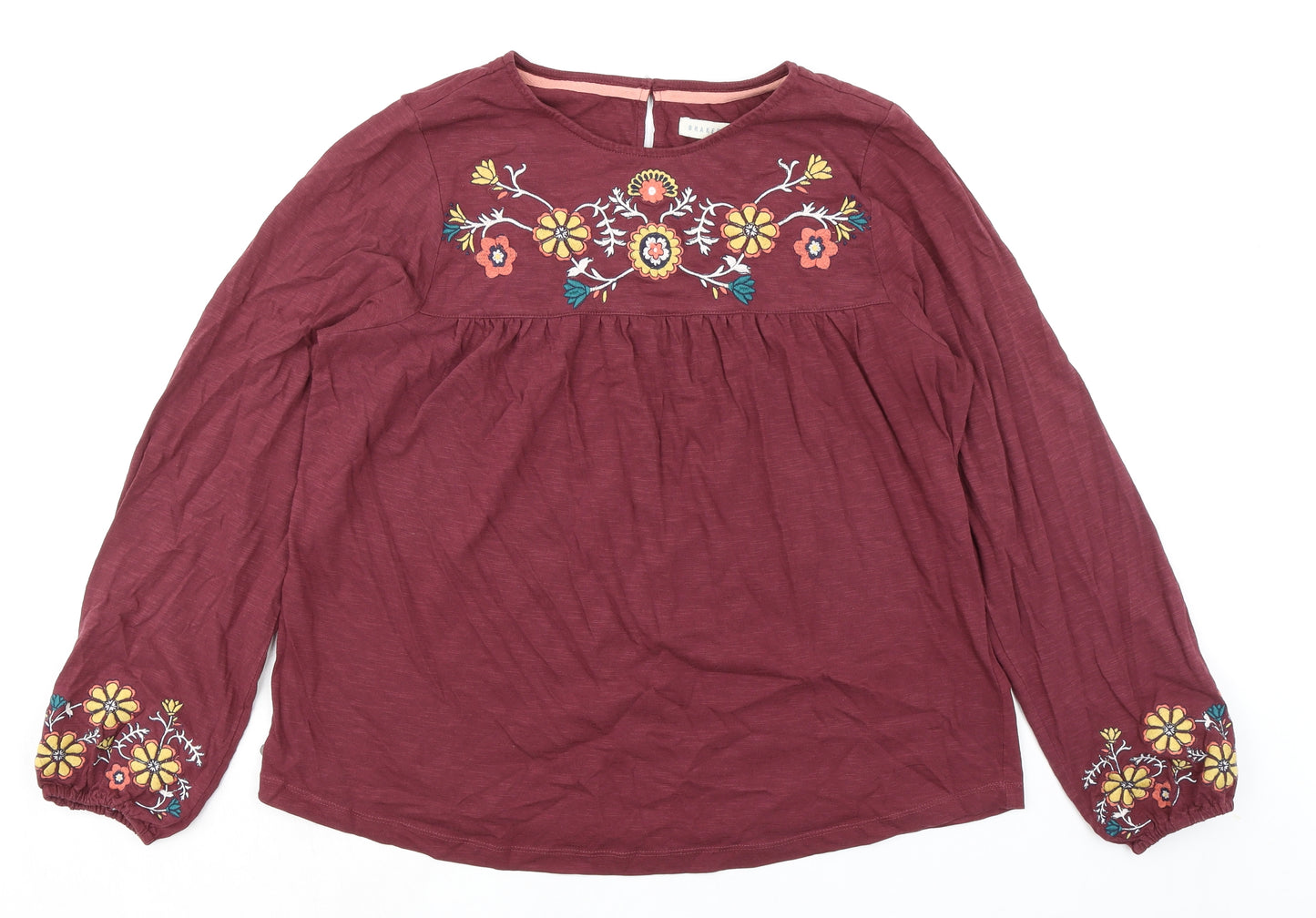 Brakeburn Womens Purple Floral 100% Cotton Jersey Blouse Size 16 Round Neck - Floral Embroidery