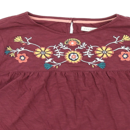 Brakeburn Womens Purple Floral 100% Cotton Jersey Blouse Size 16 Round Neck - Floral Embroidery