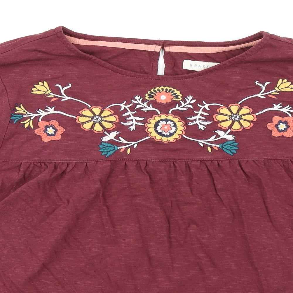 Brakeburn Womens Purple Floral 100% Cotton Jersey Blouse Size 16 Round Neck - Floral Embroidery